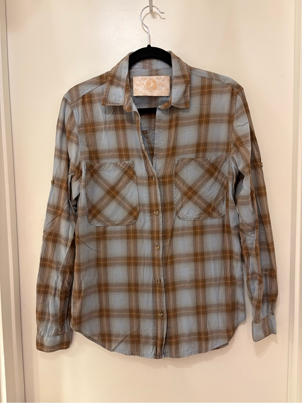 Bella Dahl Blue and Brown Plaid Button-Down Shirt